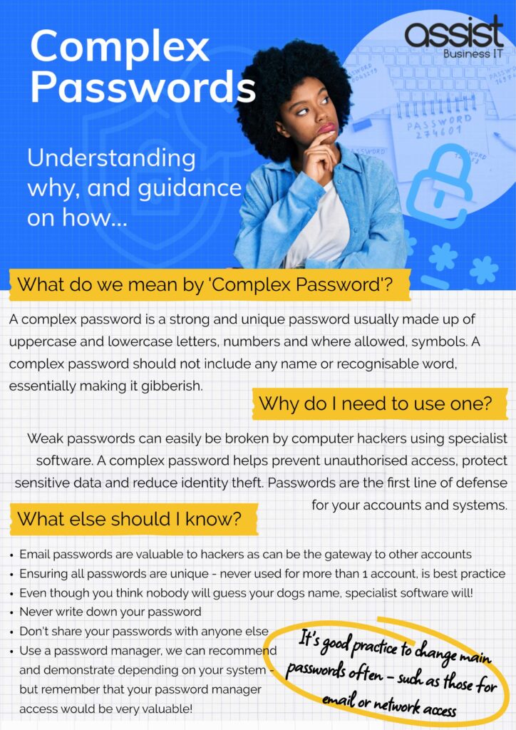 Image shows woman looking thoughtful and includes a guide to using complex passwords
